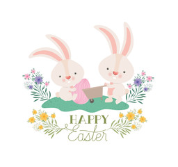 happy easter label with egg and flowers icon