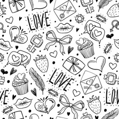 Seamless pattern with decorative elements for Valentine's Day. Freehand drawing