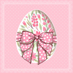 Template for greeting card or invitation. Easter motif with egg and bow. Floral ornament