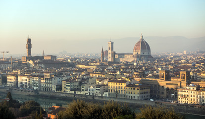 Obraz premium AERIAL. Panorama of the city of FLORENCE in Italy with the dome and Palazzo della Signoria and arno river