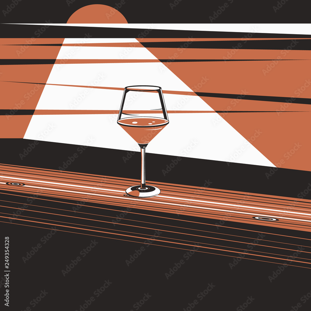 Wall mural abstract style. image of a glass with wine. black, orange and white colors