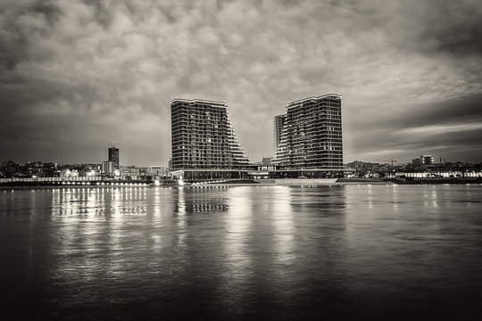 Belgrade waterfront on the Sava River. Black white photo