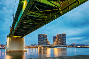 Fototapeta premium Belgrade, Serbia - February 10, 2019: A panorama of Belgrade seen from the banks of the Sava River. Old bridge and waterfront of Belgrade.