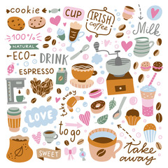 Coffee and sweet desserts cute illustrations on white background. Vector cafe icons and food. Coffee cups and beans