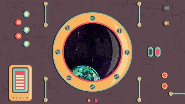 animation. cockpit cabin. planet and stars in the porthole. 