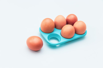 the pack of eggs in plastic packaging with white background