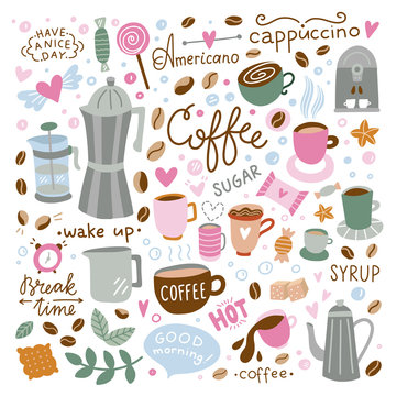 Coffee vector set. Doodle illustrations with coffee cups, sweet food, kitchen equipment on white background