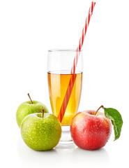 Fresh green and red apple juice drink in glass with striped straw. Apple Leaf Fruity still life for organic healthy food, isolated on white background clipping path included.