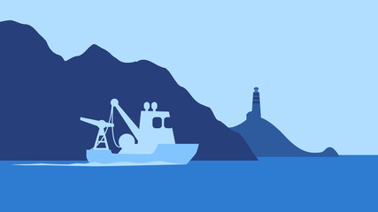 Trawler goes to sea, mountain shore and lighthouse away in blue haze, stardust of sea