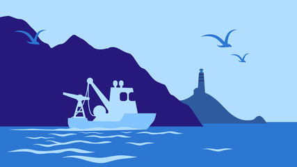 Marine seascape wich beauty mountains. seagulls and purposeful ship goes to sea. Work day of sailors