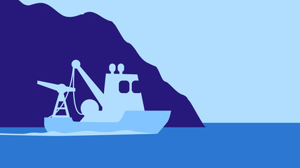 Sign of ship goes to sea, trawler wich crane, winch and locator. Blue and white silhouette. Work of sailor