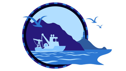 Stardust of sea life. Gulls, trawler boat and mountain shore on circle logo icon, sign for sailor
