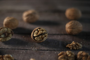 nuts on wooden background