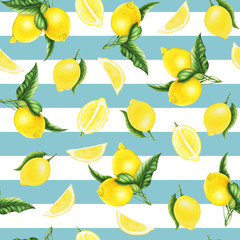 Seamless pattern of lemon, slices of lemon and leaves, watercolor painting. For design cards and patterns.