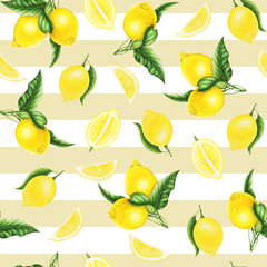 Seamless pattern of lemon, slices of lemon and leaves, watercolor painting. For design cards and patterns.