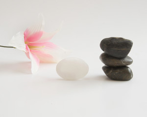 Peaceful setting with floral and rocks to iillustrate calmness and peace .