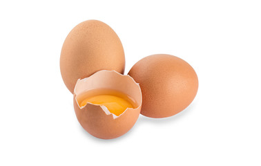 Raw chicken eggs on a white background.