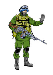 Blue helmet soldier makes a stop sign