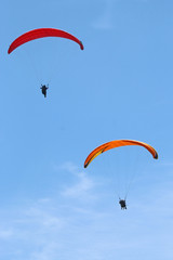 Paragliders flying in a blue sky