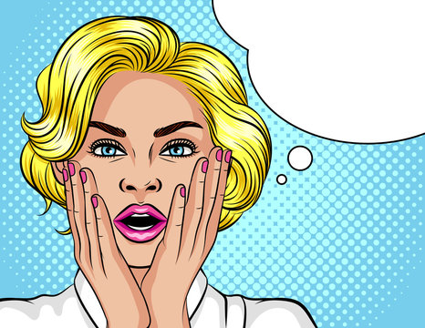 Color vector illustration in the style of pop art. The blonde girl opened her mouth in surprise. Beautiful woman in shock. The girl holds her hands near the face. Wow effect for girl