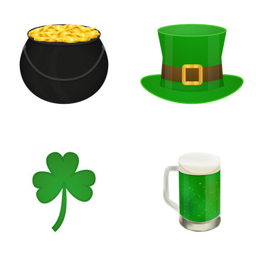Traditional symbols of St. Patrick's Day, a glass of beer, hat, shamrock, pot of gold, vector illustration isolated on white background