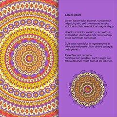 Template for card or invitation with colorful ornament in ethnic style and place for text. Vector design with mandala pattern.