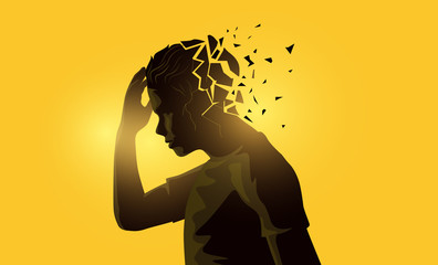 A stressed out adult male man holding his head. Mental health awareness concept. Vector illustration.