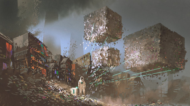 man in biohazard suits collecting garbages with high technology device in fillland slum, digital art style, illustration painting