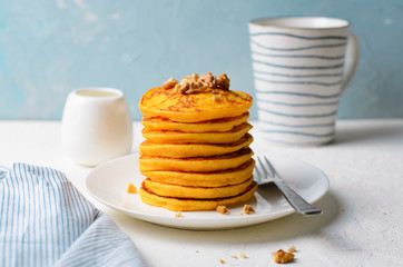 Pumpkin or Carrot Pancakes with Nuts, Stack of Homemade Pancakes