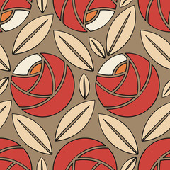 Seamless pattern in retro style with red roses and beige leaves on brown