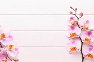 Naklejka na ściany i meble Orchid flower on the wooden pastel background. Spa and wellness scene.