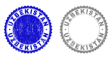 Obraz premium Grunge UZBEKISTAN stamp seals isolated on a white background. Rosette seals with grunge texture in blue and grey colors. Vector rubber stamp imprint of UZBEKISTAN tag inside round rosette.