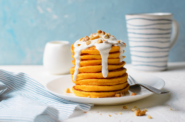Pumpkin or Carrot Pancakes with Nuts, Stack of Homemade Pancakes