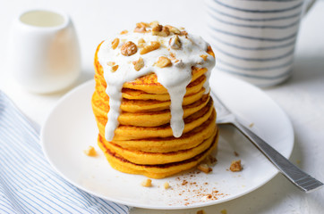 Pumpkin or Carrot Pancakes with Nuts, Stack of Homemade Pancakes