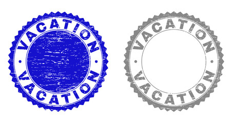 Grunge VACATION stamp seals isolated on a white background. Rosette seals with grunge texture in blue and gray colors. Vector rubber stamp imprint of VACATION text inside round rosette.