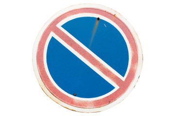 Old faded road sign 'No parking' isolated on white