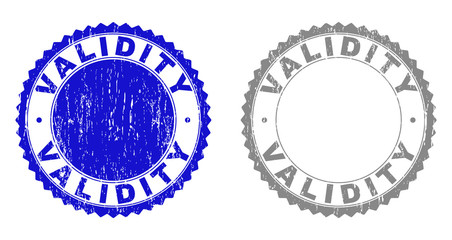Grunge VALIDITY stamp seals isolated on a white background. Rosette seals with grunge texture in blue and gray colors. Vector rubber stamp imprint of VALIDITY title inside round rosette.