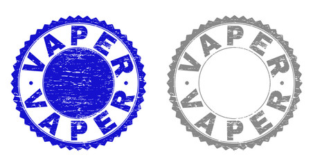 Grunge VAPER stamps isolated on a white background. Rosette seals with grunge texture in blue and gray colors. Vector rubber stamp imprint of VAPER tag inside round rosette.