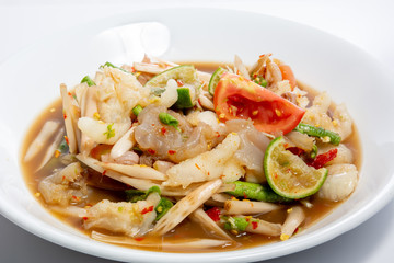 papaya salad (Som Tum) from Lotus root, add fresh shrimp and corn,very hot and spicy Thai  Food.
