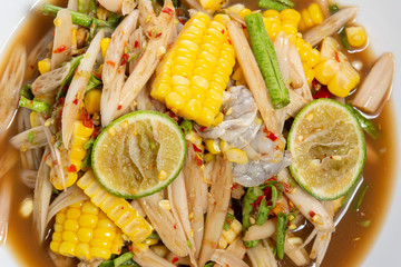 papaya salad (Som Tum) from Lotus root, add fresh shrimp and corn,very hot and spicy Thai  Food.