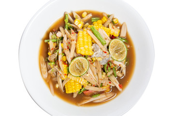 papaya salad (Som Tum) from Lotus root, add fresh shrimp and corn,very hot and spicy Thai  Food.