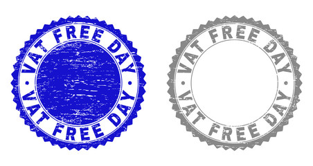 Obraz premium Grunge VAT FREE DAY stamp seals isolated on a white background. Rosette seals with grunge texture in blue and grey colors. Vector rubber overlay of VAT FREE DAY text inside round rosette.