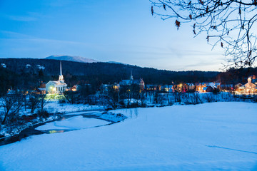 Stowe Village at dusk, Stowe, Vermont, USA