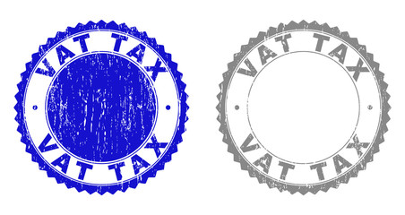 Grunge VAT TAX stamp seals isolated on a white background. Rosette seals with distress texture in blue and grey colors. Vector rubber stamp imprint of VAT TAX text inside round rosette.
