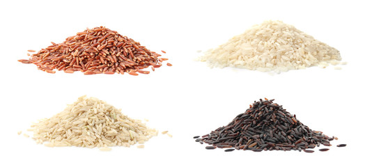 Set with piles of different uncooked rices on white background