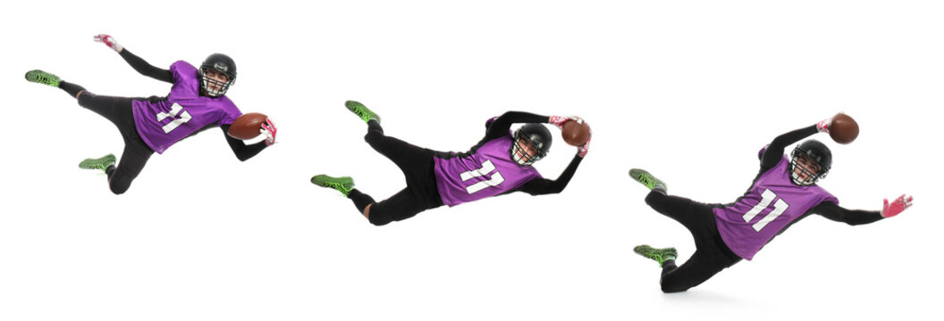 Set of American football player in uniform catching ball on white background