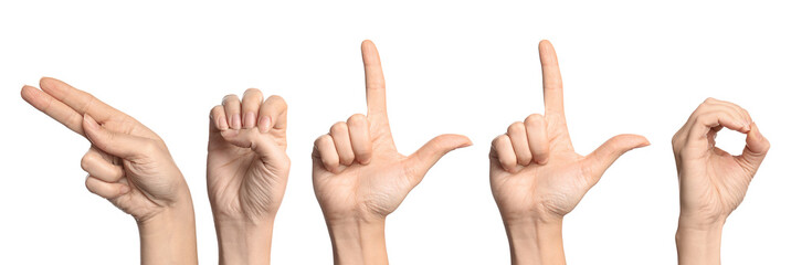 Woman showing word Hello on white background. Sign language