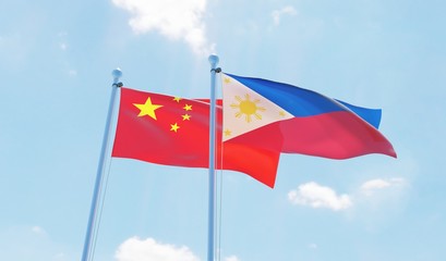 Philippines and China, two flags waving against blue sky. 3d image