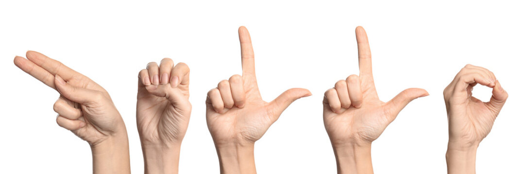 Woman showing word Hello on white background. Sign language