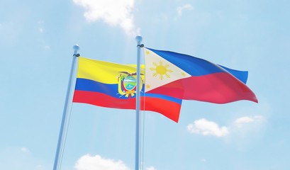 Philippines and Ecuador, two flags waving against blue sky. 3d image